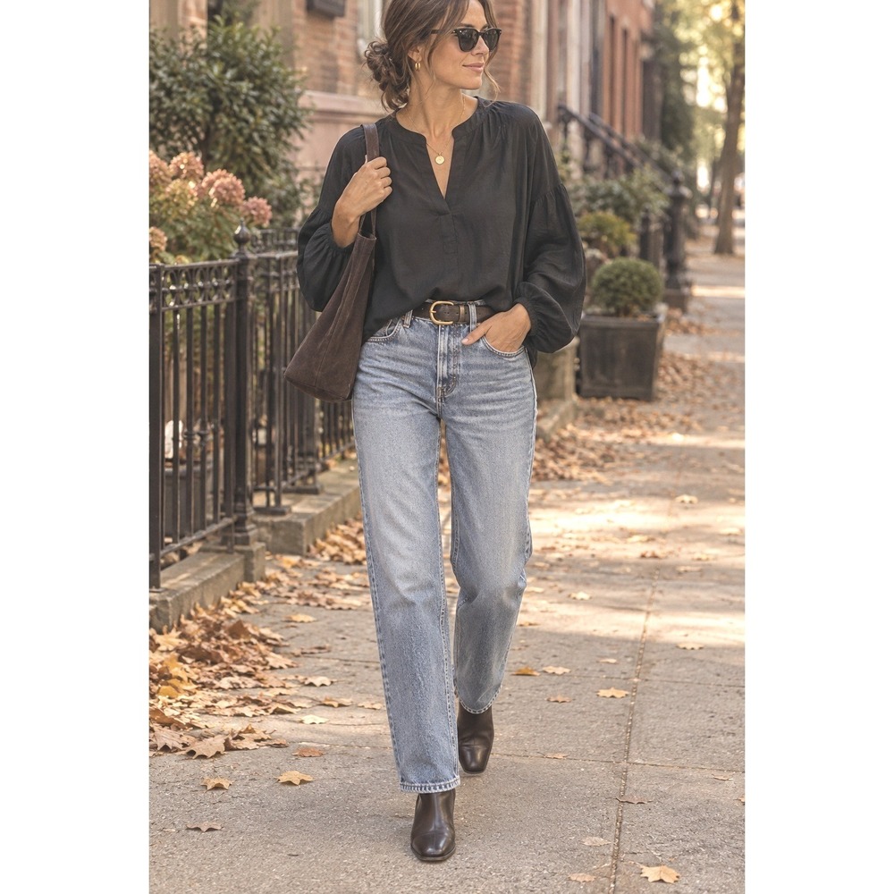 Lafayette 148 New York Black Cotton Peasant Top Puff Sleeve V-Neck Blouse L